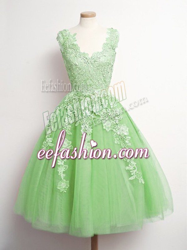  Yellow Green Lace Up Bridesmaid Gown Appliques Sleeveless Knee Length