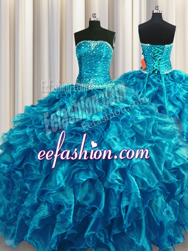 Charming Teal Ball Gowns Beading and Ruffles Vestidos de Quinceanera Lace Up Organza Sleeveless Floor Length