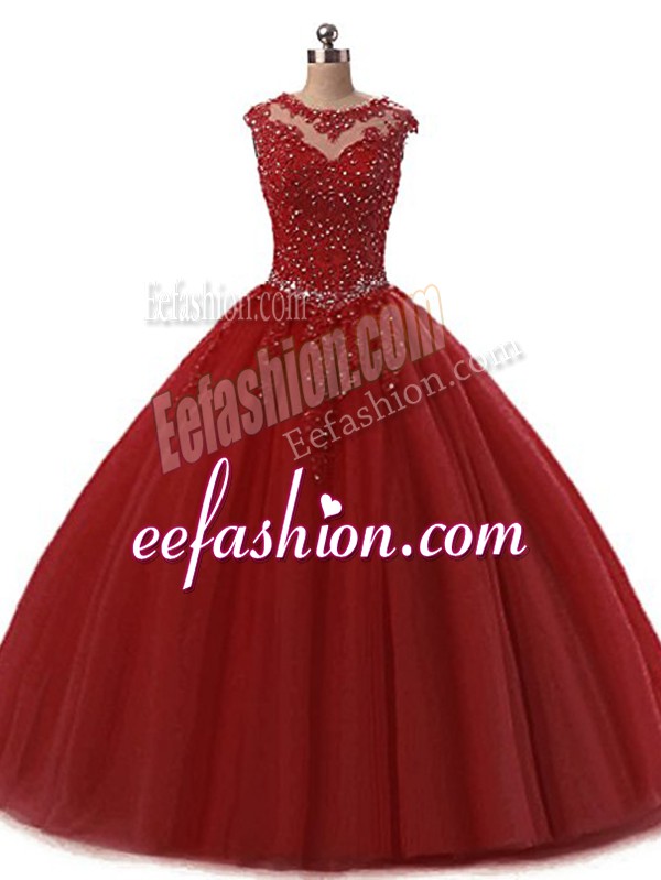 Customized Wine Red Sweet 16 Dresses Military Ball and Sweet 16 and Quinceanera with Beading and Lace Scoop Sleeveless Lace Up