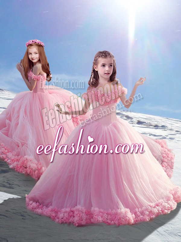  Off The Shoulder Sleeveless Court Train Lace Up Kids Pageant Dress Baby Pink Tulle