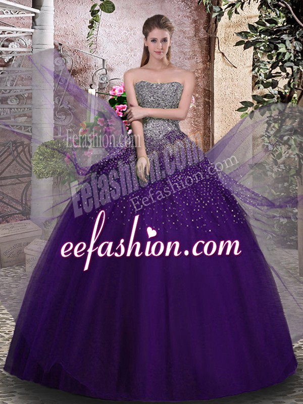Super Purple Lace Up Strapless Beading Quinceanera Dress Tulle Sleeveless
