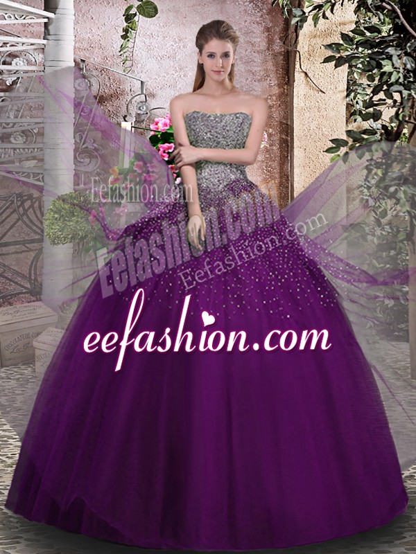 Colorful Purple Tulle Lace Up Sweet 16 Dress Sleeveless Floor Length Beading