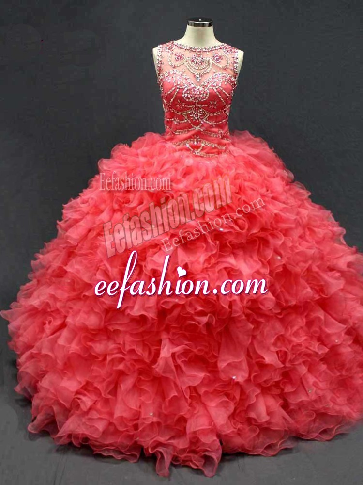 Dazzling Floor Length Coral Red 15 Quinceanera Dress Scoop Sleeveless Lace Up