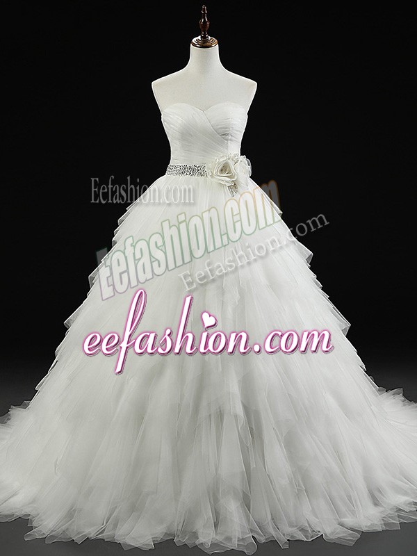  White Lace Up Sweetheart Beading and Ruffles and Hand Made Flower Wedding Gown Tulle Sleeveless Brush Train