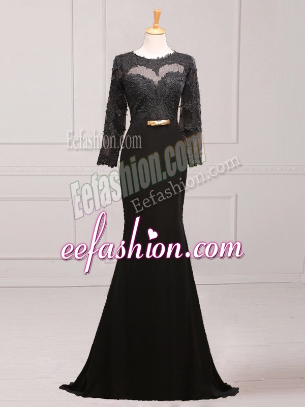  Black Side Zipper Mother Of The Bride Dress Lace and Appliques and Belt Long Sleeves Brush Train