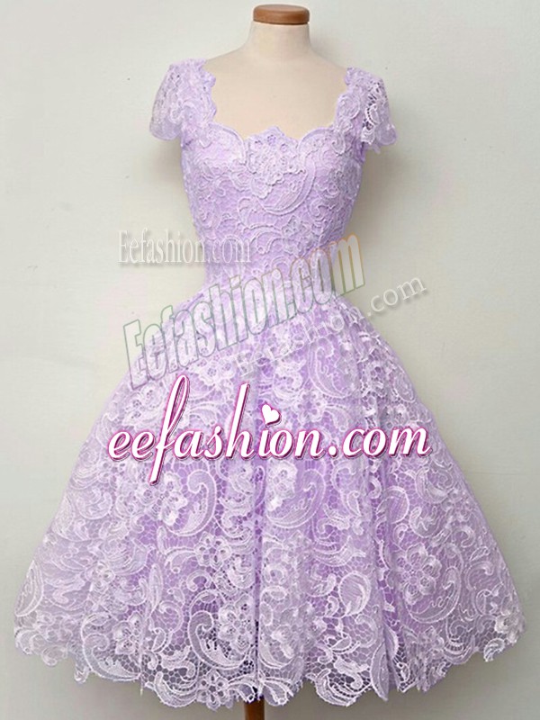  Knee Length Lace Up Quinceanera Court of Honor Dress Lavender for Prom and Party and Wedding Party with Lace
