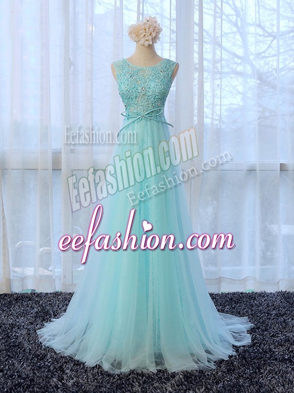 Custom Designed Apple Green Zipper Bridesmaids Dress Lace and Bowknot Sleeveless Brush Train