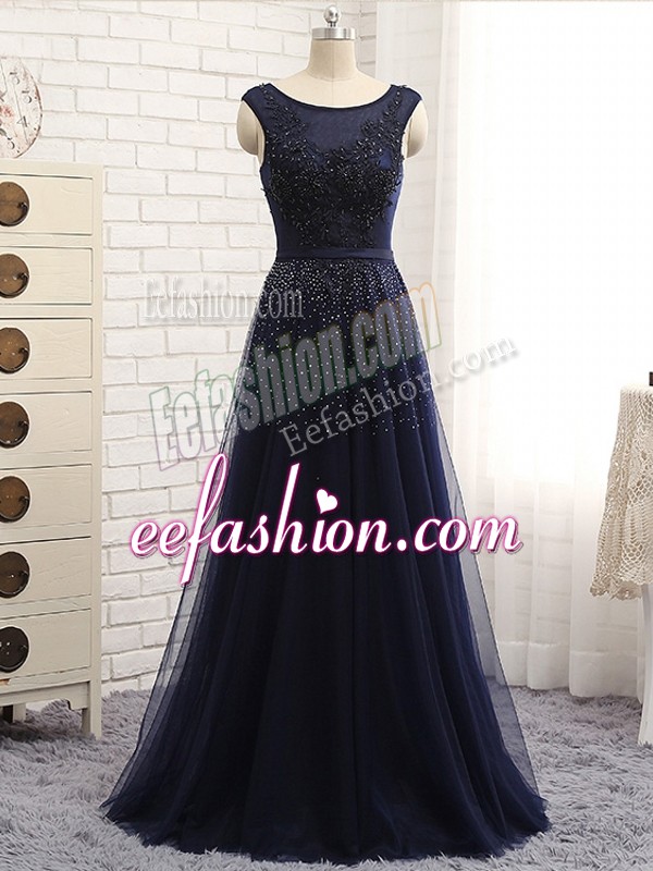 Deluxe Sleeveless Floor Length Beading Zipper Mother Of The Bride Dress with Navy Blue