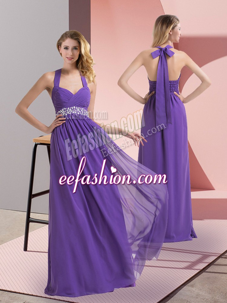  Purple Chiffon Side Zipper Prom Evening Gown Sleeveless Floor Length Beading and Ruching