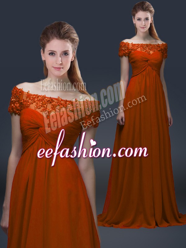  Rust Red Chiffon Lace Up Mother Of The Bride Dress Short Sleeves Floor Length Appliques