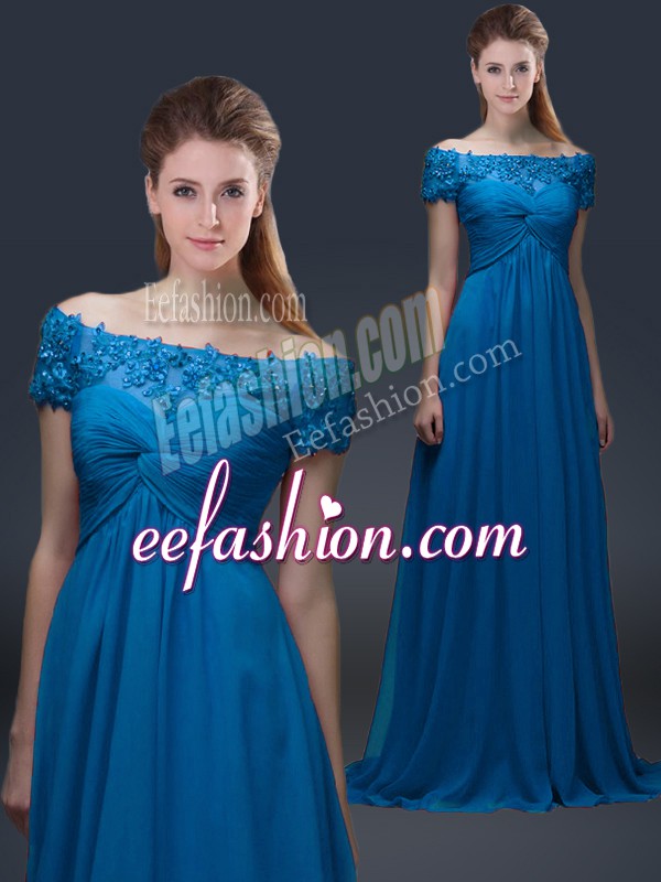 Floor Length Royal Blue Mother Of The Bride Dress Off The Shoulder Short Sleeves Lace Up