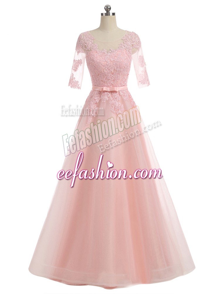  Pink A-line Organza Scoop Short Sleeves Lace and Appliques Floor Length Zipper Prom Party Dress