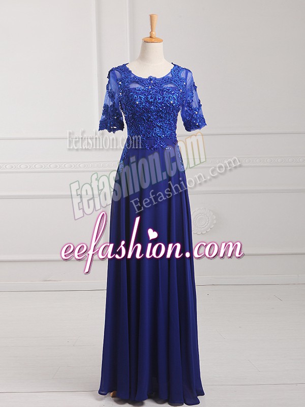 Decent Royal Blue Scoop Zipper Lace and Appliques Mother Of The Bride Dress Half Sleeves