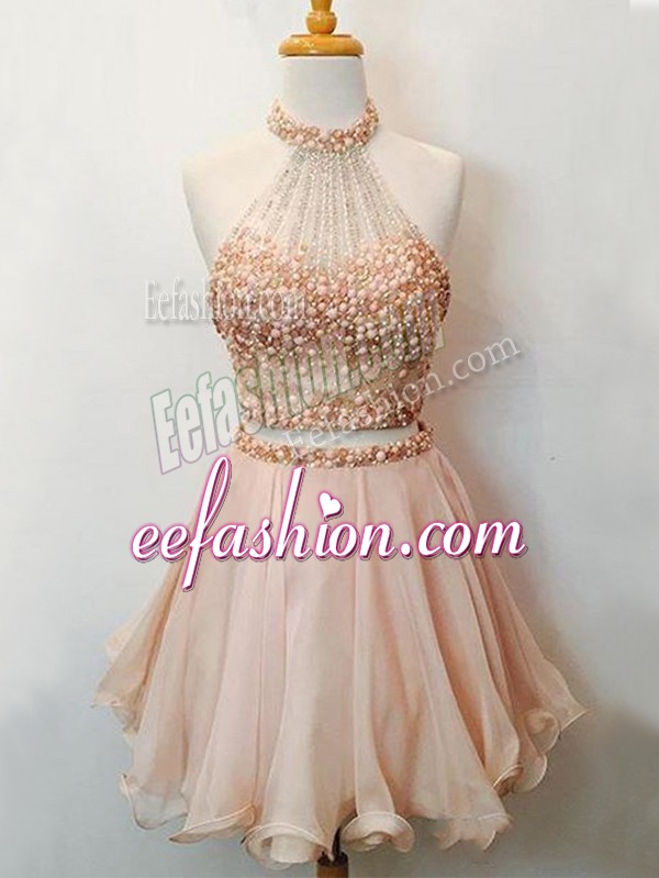 Pretty Sleeveless Knee Length Beading Lace Up Dama Dress with Champagne