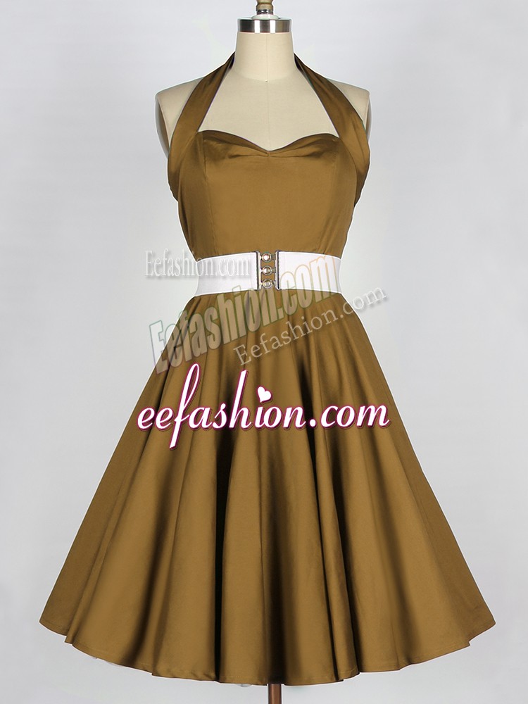  Belt Quinceanera Court of Honor Dress Brown Lace Up Sleeveless Knee Length