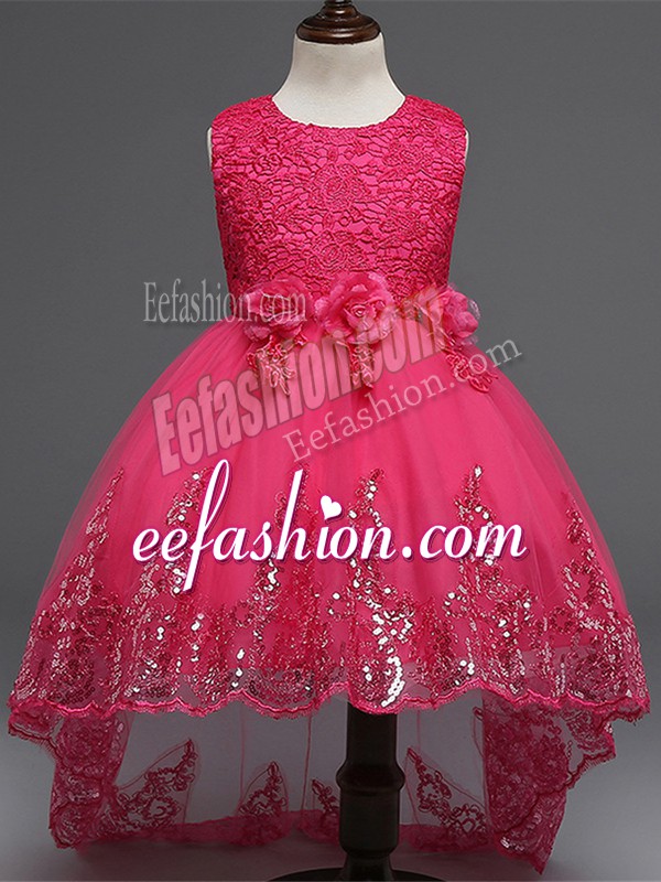 Ideal Hot Pink Tulle Zipper Scoop Sleeveless High Low Flower Girl Dresses Lace and Appliques and Bowknot and Hand Made Flower