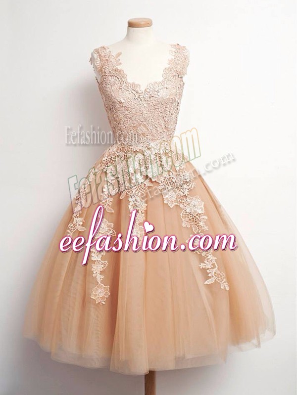 Lovely Knee Length Champagne Bridesmaid Dress Tulle Sleeveless Lace