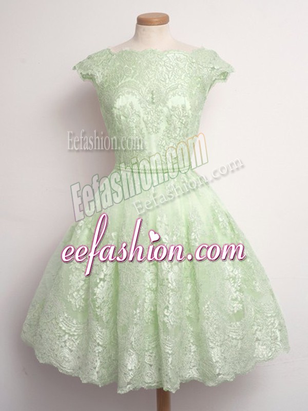  A-line Bridesmaids Dress Yellow Green Scalloped Lace Cap Sleeves Knee Length Lace Up
