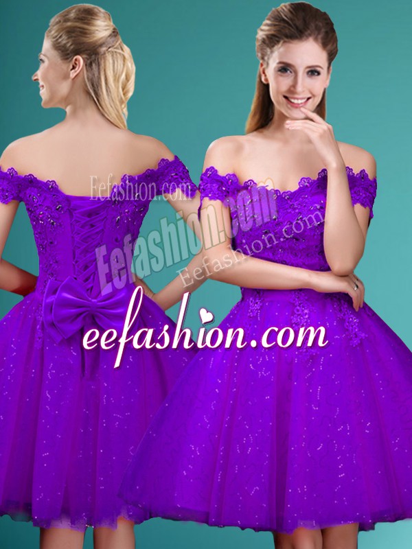 Free and Easy Eggplant Purple Cap Sleeves Tulle Lace Up Damas Dress for Prom and Party
