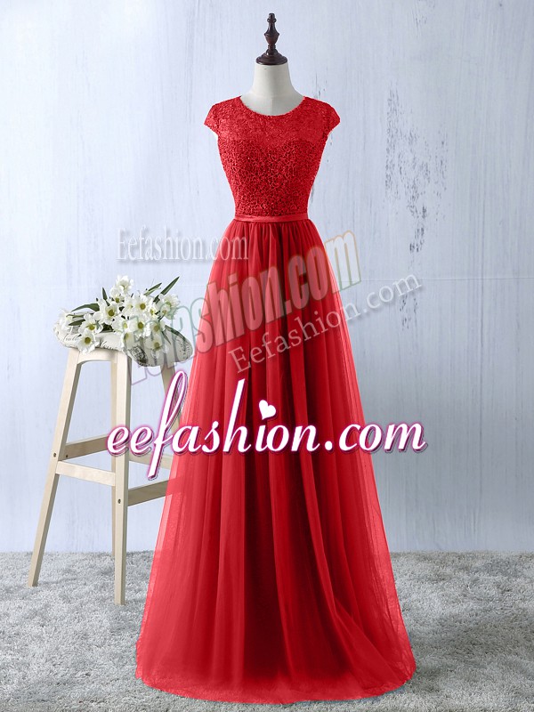  Red A-line Tulle Scoop Short Sleeves Lace Floor Length Zipper Prom Dresses