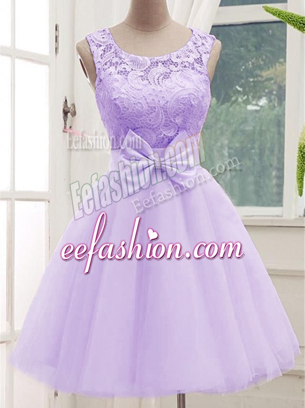Amazing Lavender Tulle Lace Up Quinceanera Court of Honor Dress Sleeveless Knee Length Lace and Bowknot