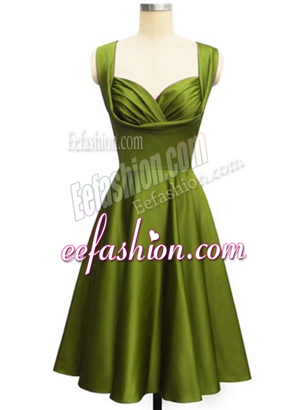 New Arrival Olive Green Taffeta Lace Up Straps Sleeveless Knee Length Bridesmaid Dress Ruching