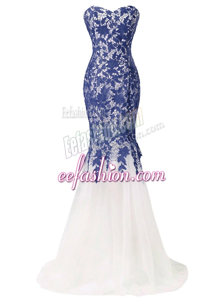 Modest Blue And White Zipper Formal Evening Gowns Beading and Lace and Appliques Sleeveless Brush Train