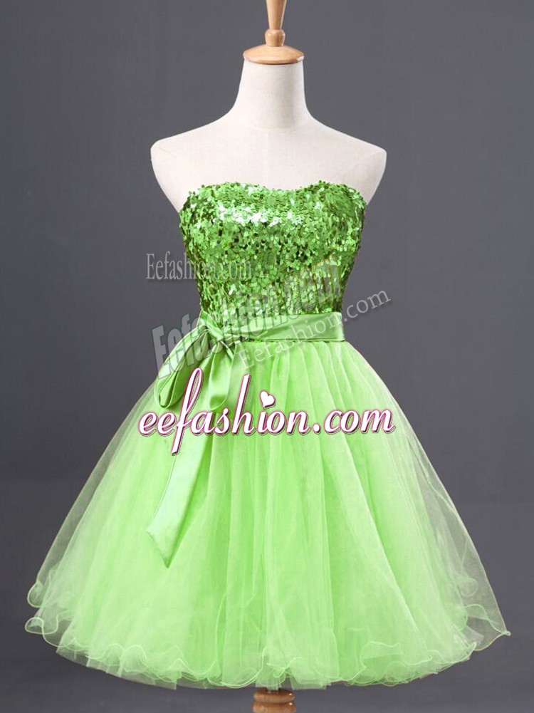  Yellow Green A-line Sashes ribbons and Sequins Prom Evening Gown Zipper Tulle Sleeveless Mini Length