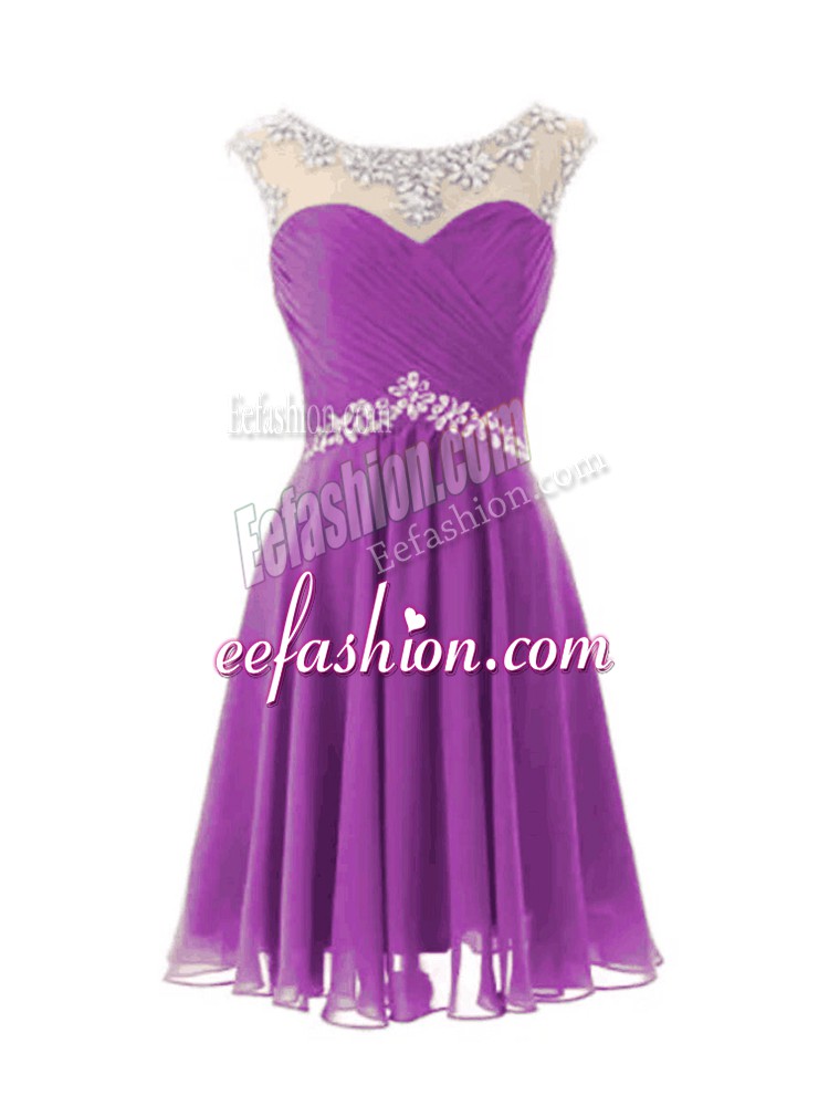 High Quality Cap Sleeves Chiffon Knee Length Zipper Dress for Prom in Purple with Beading