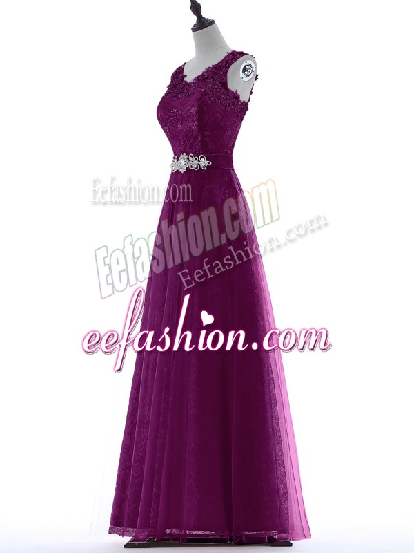  Sleeveless Floor Length Beading and Lace Zipper Prom Gown with Purple