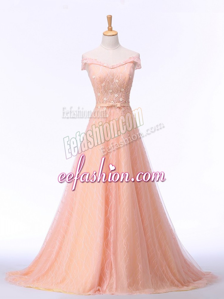Beautiful Lace Up Evening Gowns Peach for Prom and Party and Military Ball and Sweet 16 with Beading and Lace and Belt Brush Train