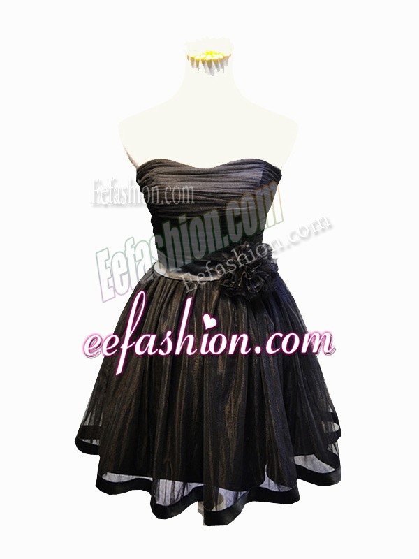  Black A-line Sweetheart Sleeveless Tulle Mini Length Lace Up Ruching and Bowknot and Hand Made Flower Prom Evening Gown