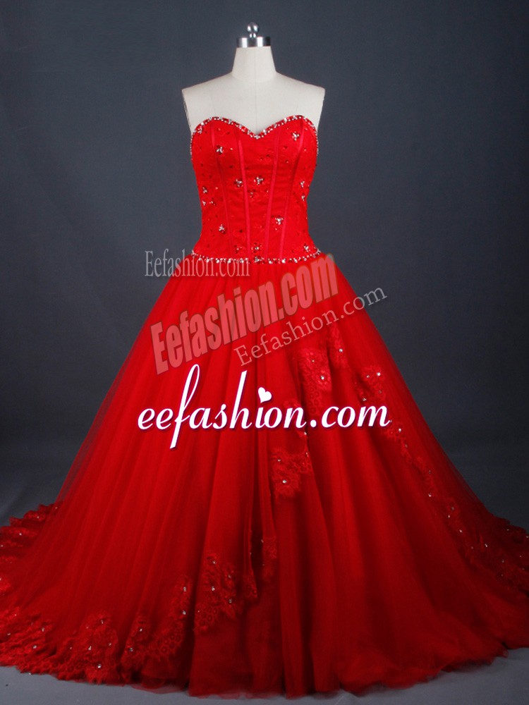 Suitable Red Lace Up Sweetheart Appliques Bridal Gown Tulle Sleeveless Brush Train