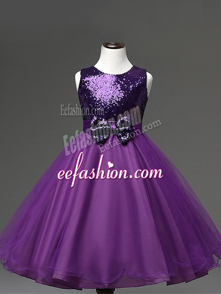  Purple Zipper Scoop Sequins and Bowknot Flower Girl Dresses Tulle Sleeveless
