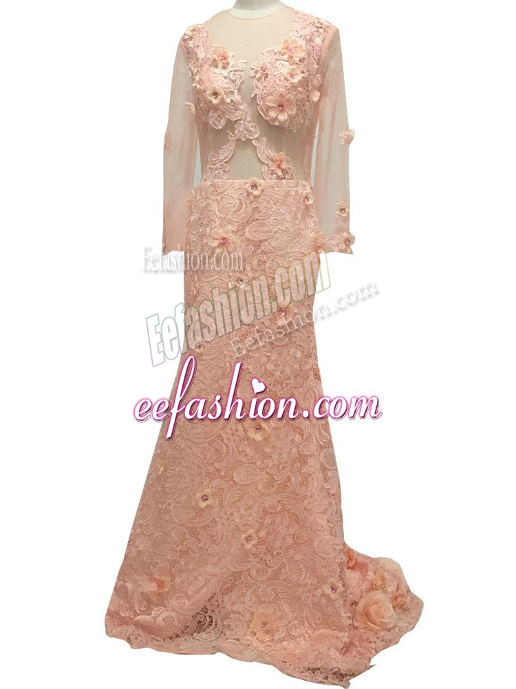  Peach Side Zipper Scoop Beading and Hand Made Flower Mother Of The Bride Dress Tulle Long Sleeves Brush Train