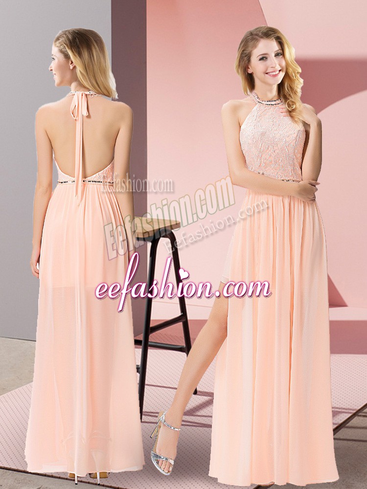  Column/Sheath Evening Dress Peach Halter Top Chiffon Sleeveless Floor Length Backless