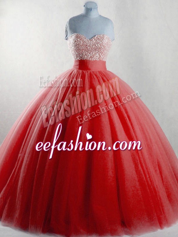 Stunning Red Ball Gowns Tulle Sweetheart Sleeveless Beading Floor Length Lace Up Quinceanera Gown