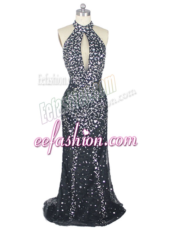 Traditional Black Sleeveless Beading Zipper Dress for Prom