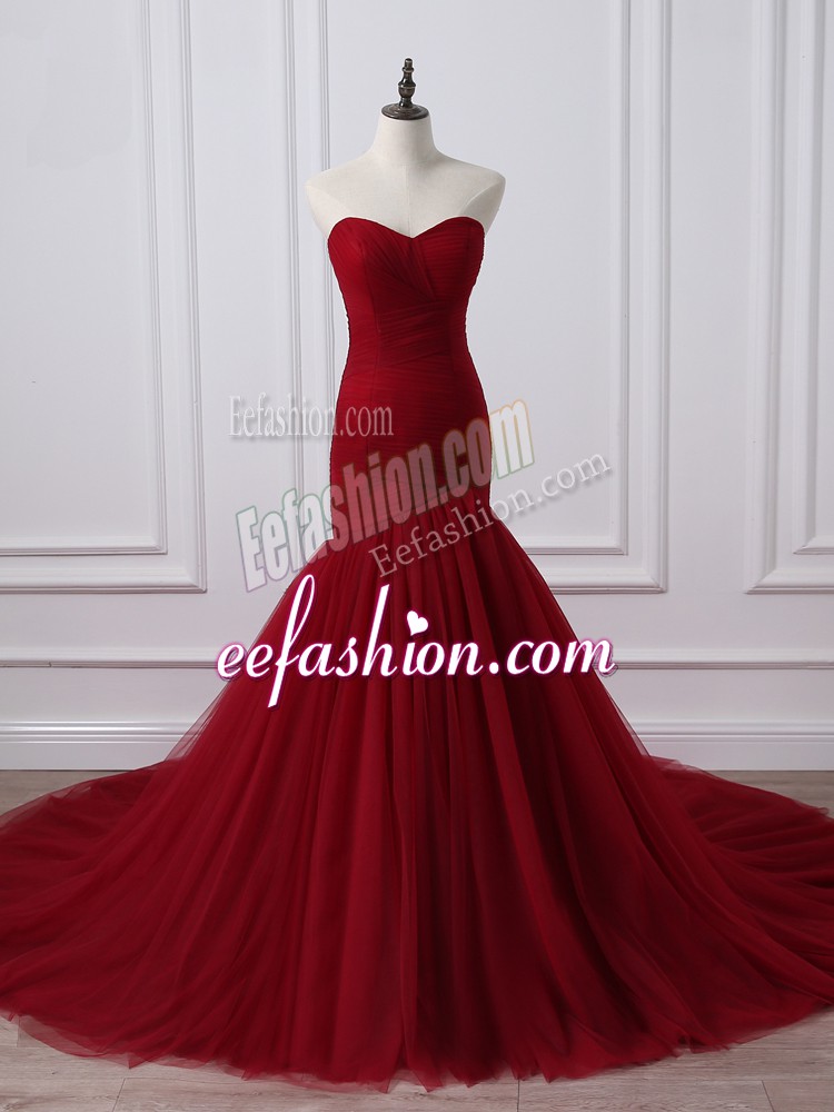 Adorable Wine Red Mermaid Ruching Going Out Dresses Lace Up Tulle Sleeveless