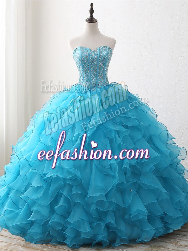 Baby Blue Lace Up Sweetheart Beading and Ruffles Quince Ball Gowns Organza Sleeveless