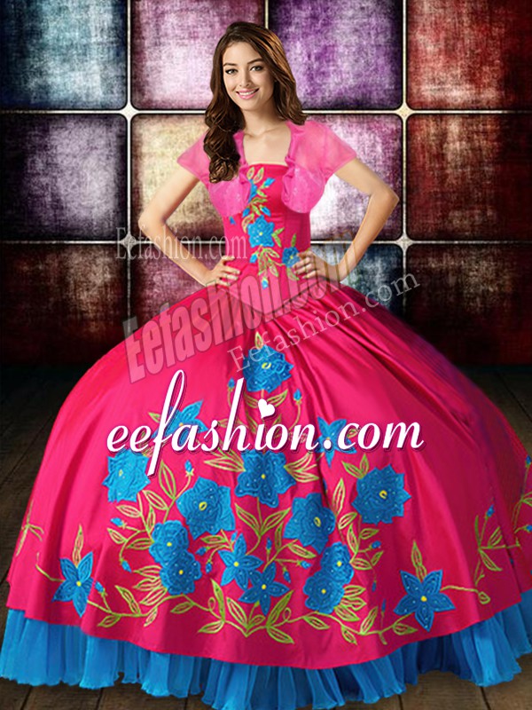 Luxury Taffeta Strapless Sleeveless Lace Up Embroidery Ball Gown Prom Dress in Hot Pink