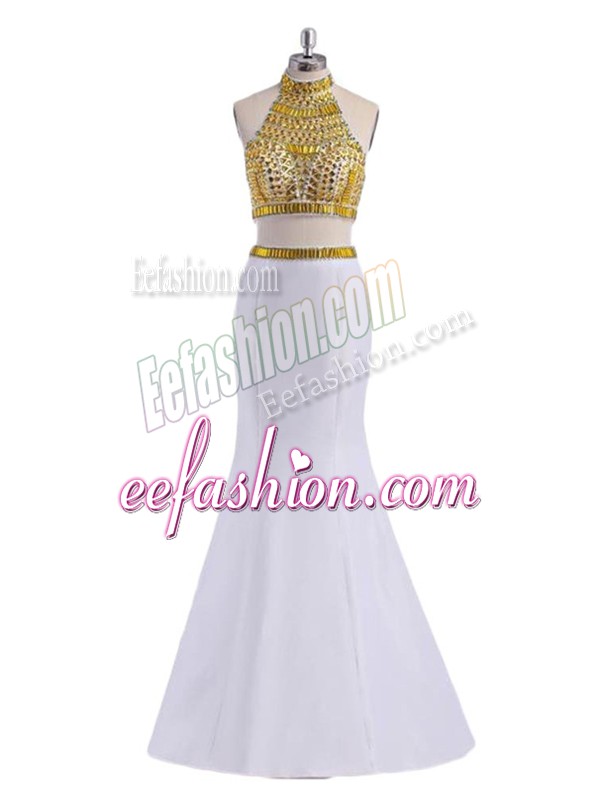 High Class White Homecoming Dress Prom and Party with Beading Halter Top Sleeveless Lace Up