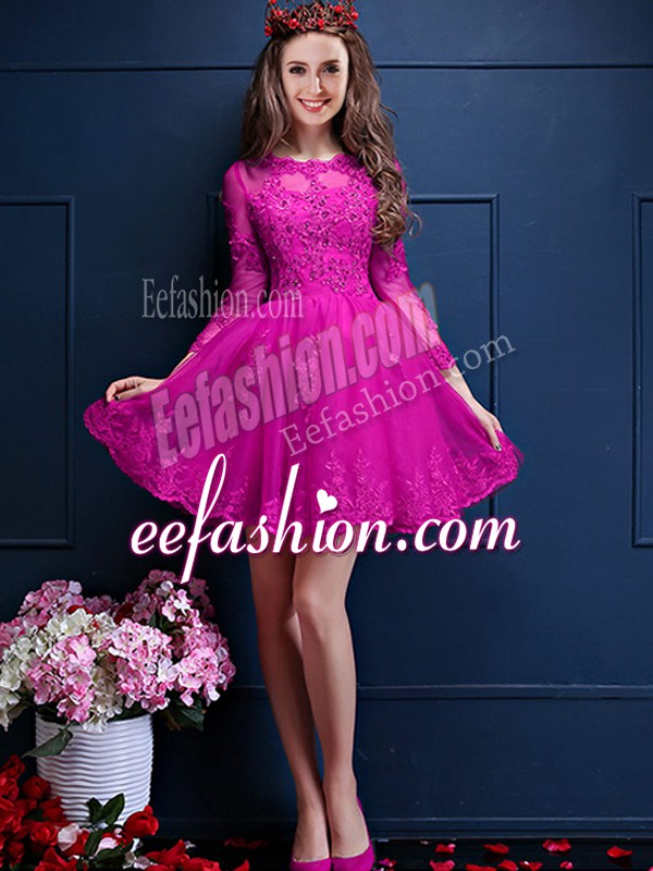  Fuchsia Scalloped Neckline Beading and Lace and Appliques Quinceanera Dama Dress 3 4 Length Sleeve Lace Up