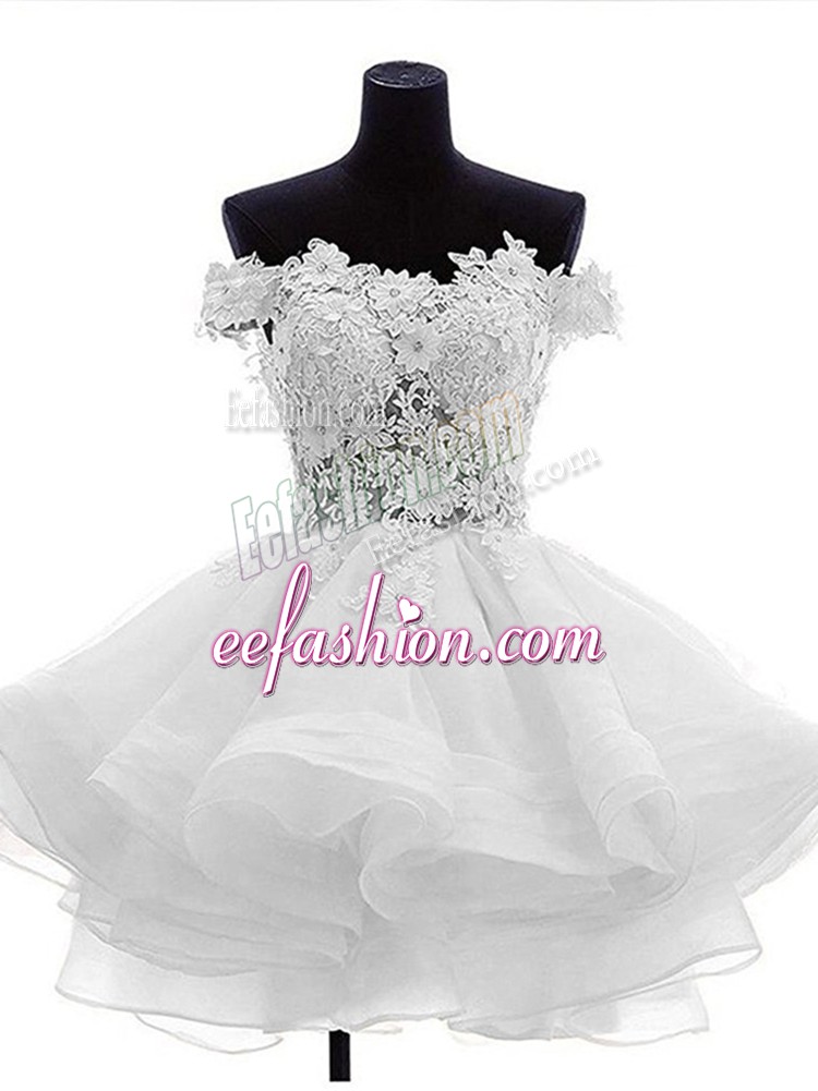 Popular Off The Shoulder Sleeveless Prom Dresses Mini Length Beading and Lace and Ruffles White Organza