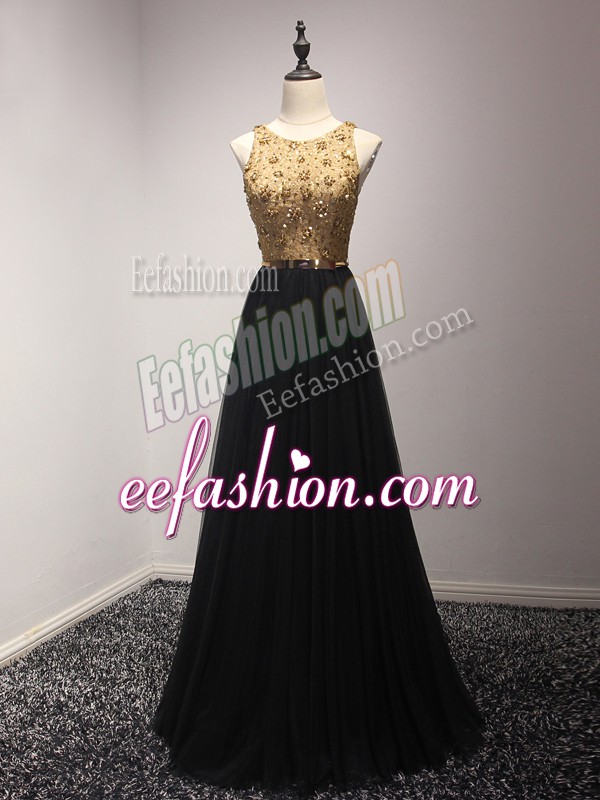  Black Sleeveless Beading and Lace and Appliques Floor Length Party Dress for Girls