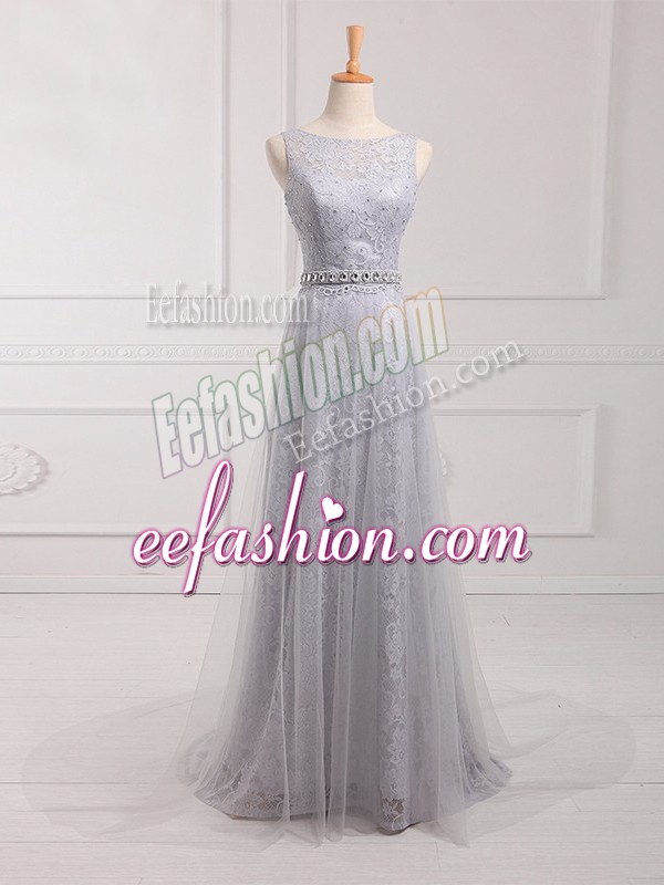 Superior Grey Tulle and Lace Zipper Scoop Sleeveless Wedding Guest Dresses Brush Train Beading and Lace