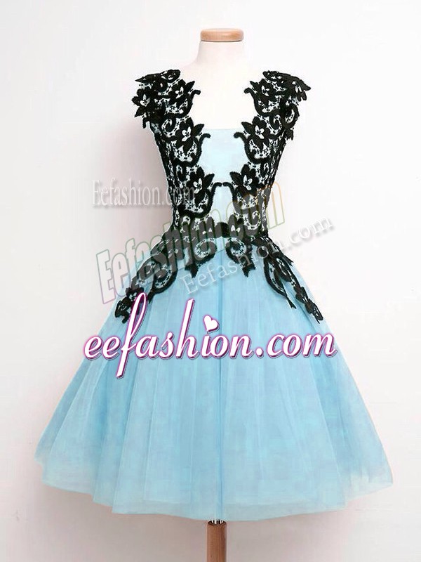 Nice Sleeveless Knee Length Lace Lace Up Bridesmaids Dress with Aqua Blue