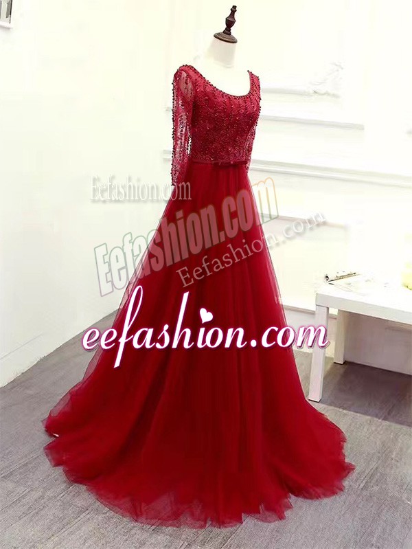  Beading and Lace and Belt Prom Party Dress Wine Red Zipper Long Sleeves Brush Train