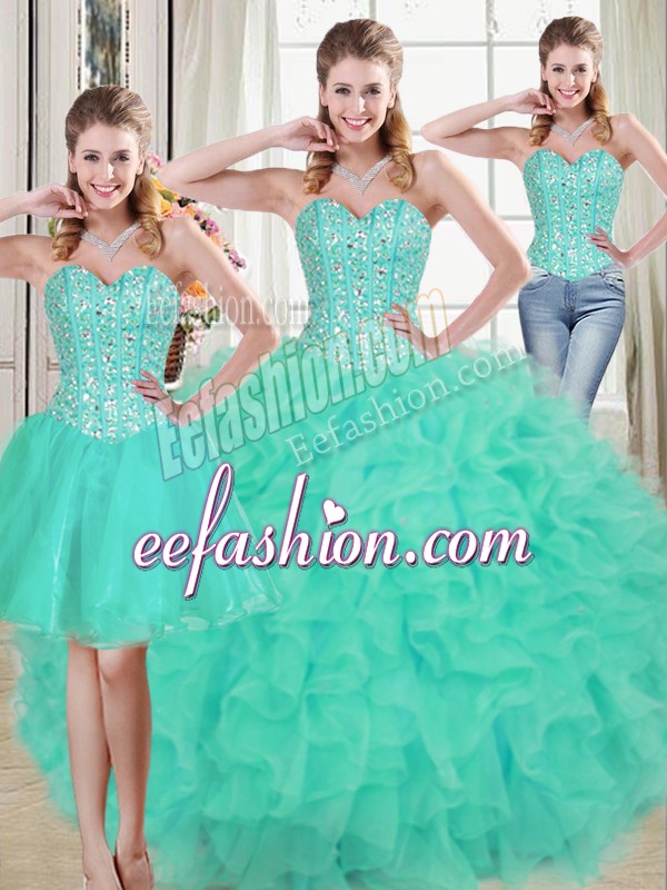  Sleeveless Brush Train Lace Up Beading and Ruffled Layers Quince Ball Gowns