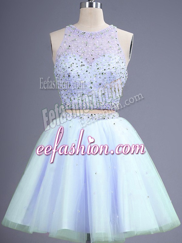 Superior Tulle Scoop Sleeveless Lace Up Beading Quinceanera Dama Dress in Lavender